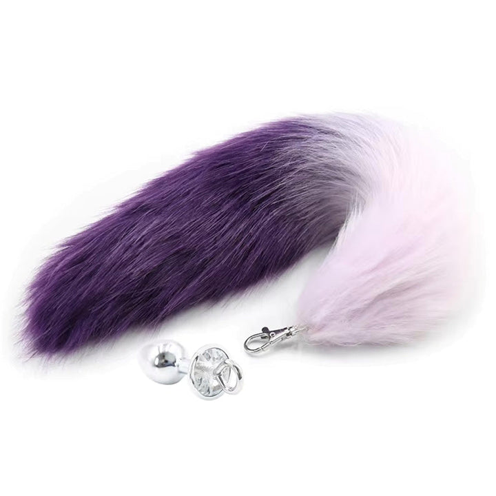 Pink Elephant faux fox tail in purple-to-white ombre with detachable plug and crystal charm accent