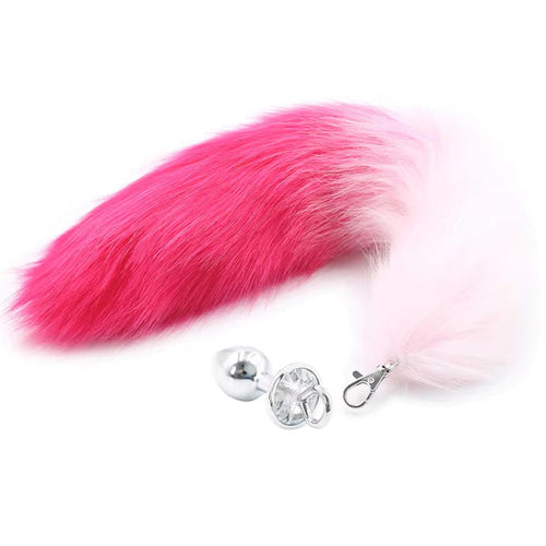Pink Elephant faux fox tail with pink-to-white ombre fur, detachable crystal plug, and silver lobster clasp connector