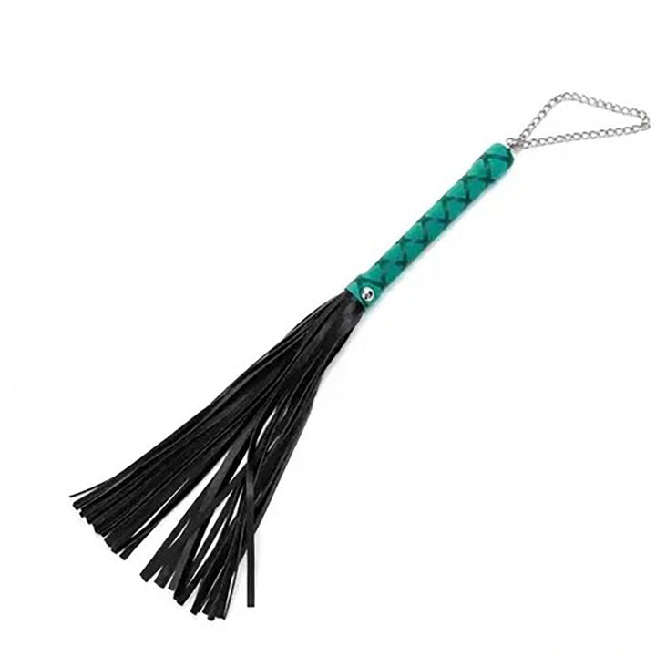 Pink Elephant green braided handle flogger with black leather tassels and silver chain loop, 16 inches long