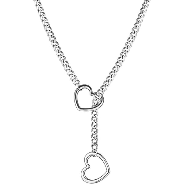 Pink Elephant Heart O Ring Slip Choke Chain in silver, featuring two open heart links on a Cuban curb chain lariat drop.