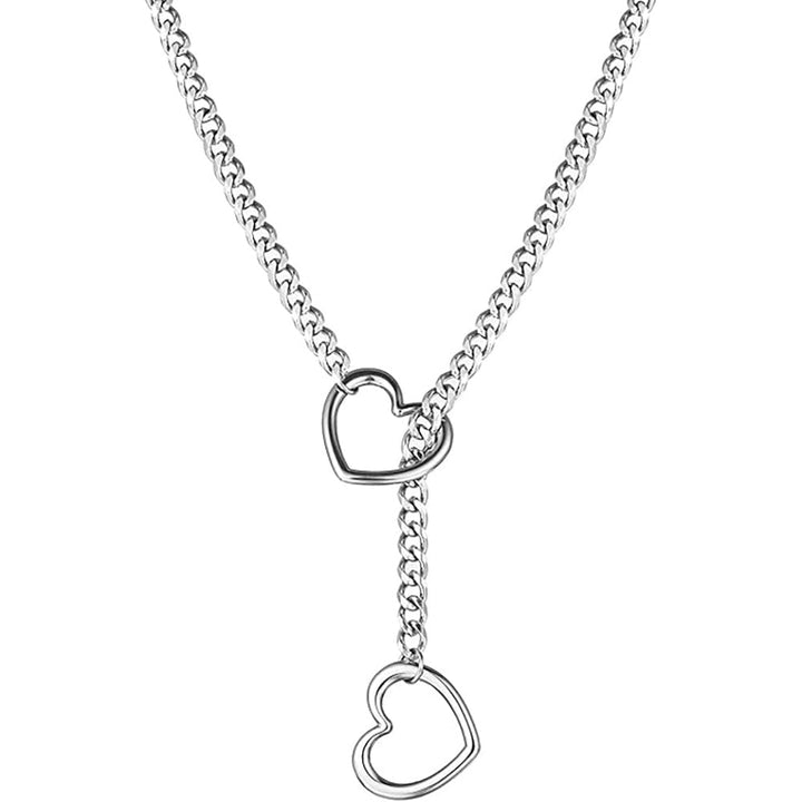 Pink Elephant Heart O Ring Slip Choke Chain in silver, featuring two open heart links on a Cuban curb chain lariat drop.