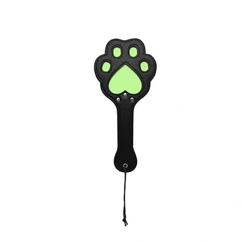 Pink Elephant Luminous Paw Paddle 11" in black with glow-in-the-dark green paw print design and wrist loop strap