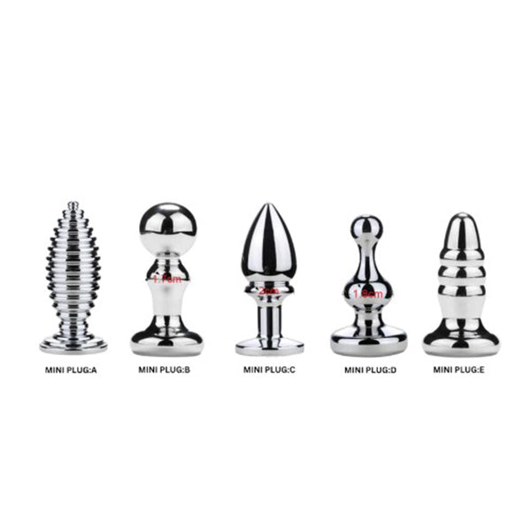 Pink Elephant Mini Plug Set showing five silver stainless steel anal plugs labeled A through E with varying shapes