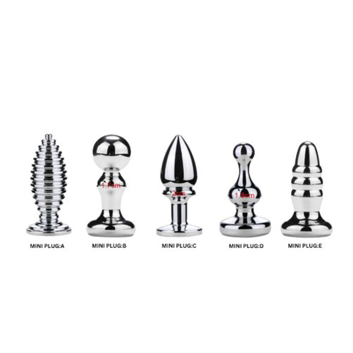 Pink Elephant Mini Plug Set showing five silver stainless steel anal plugs labeled A through E with varying shapes