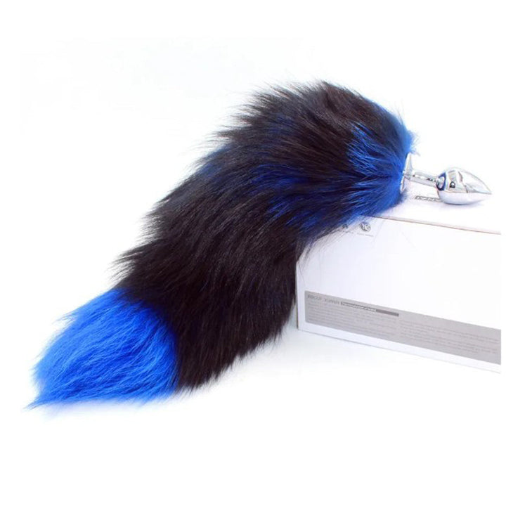 Pink Elephant Real Fox Tail Plug in black and blue faux fur with polished silver base