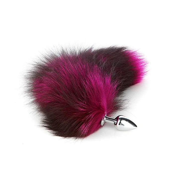 Pink Elephant Real Fox Tail Plug Large in pink and brown fox fur with a polished silver stainless steel base