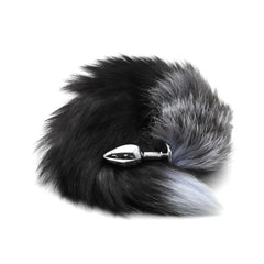 Pink Elephant Real Fox Tail Plug Large in grey lilac tip, featuring fluffy black fur tail and polished silver metal base.