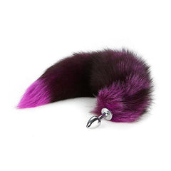 Pink Elephant Real Fox Tail Plug Large in purple, featuring fluffy two-tone fur and a polished silver metal base.