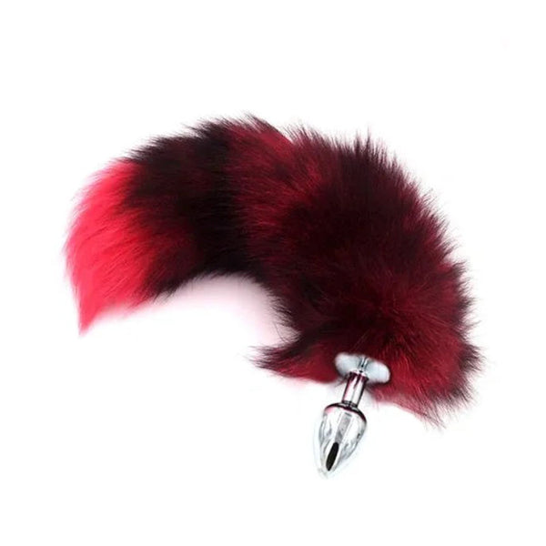 Pink Elephant Real Fox Tail Plug Large in red, featuring a fluffy genuine fox tail and polished silver metal base with crysta