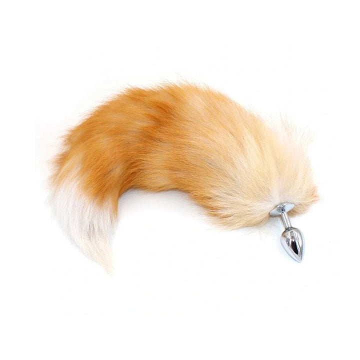 Pink Elephant Real Fox Tail Plug Small in blonde and white faux fur with a polished silver metal base