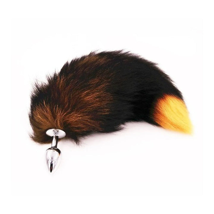 Pink Elephant Real Fox Tail Plug Small in Orange with fluffy black-tipped faux fur tail and polished silver stainless steel b