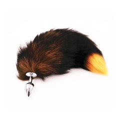 Pink Elephant Real Fox Tail Plug Small in Orange with fluffy black-tipped faux fur tail and polished silver stainless steel b