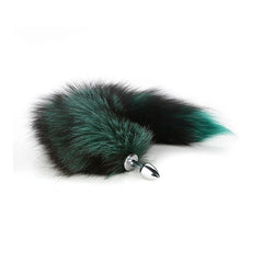 Pink Elephant Real Fox Tail Plug Small in teal, featuring a fluffy two-tone fox tail and polished silver metal base.