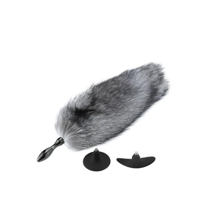 Pink Elephant Real Fox Tail Small Tapered Metal Plug with grey faux fur tail and two silicone base options