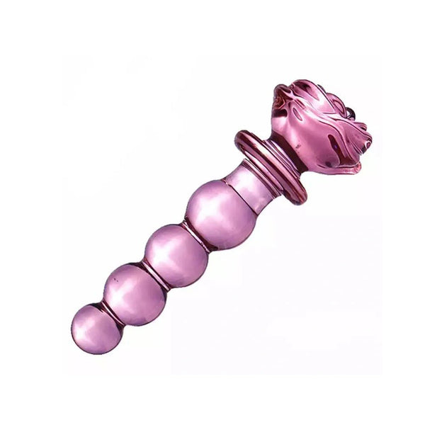 Pink Elephant Rose Glass Dildo with four graduated beads and a detailed rose-shaped base in translucent pink glass