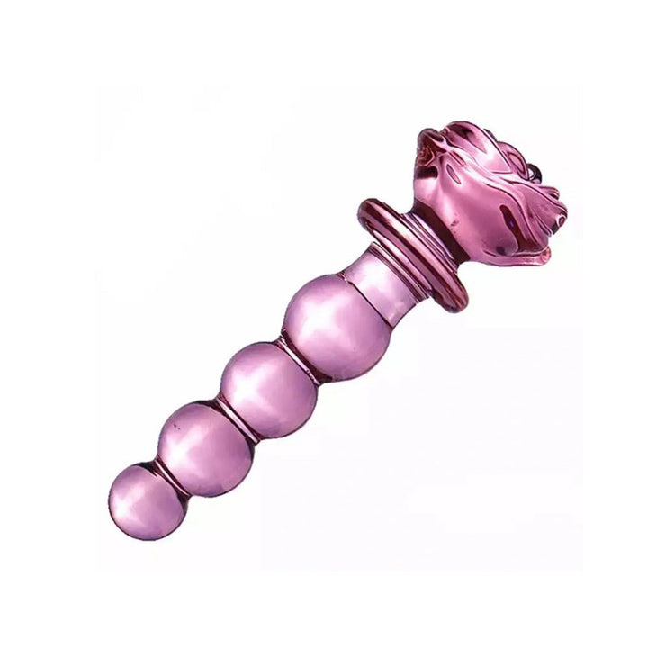 Pink Elephant Rose Glass Dildo with four graduated beads and a detailed rose-shaped base in translucent pink glass