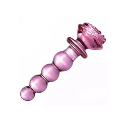 Pink Elephant Rose Glass Dildo with four graduated beads and a detailed rose-shaped base in translucent pink glass