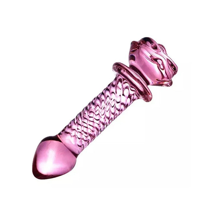 Pink Elephant Rose Glass Dildo with textured shaft, spiral ridges, and rose-shaped base in translucent pink borosilicate glas
