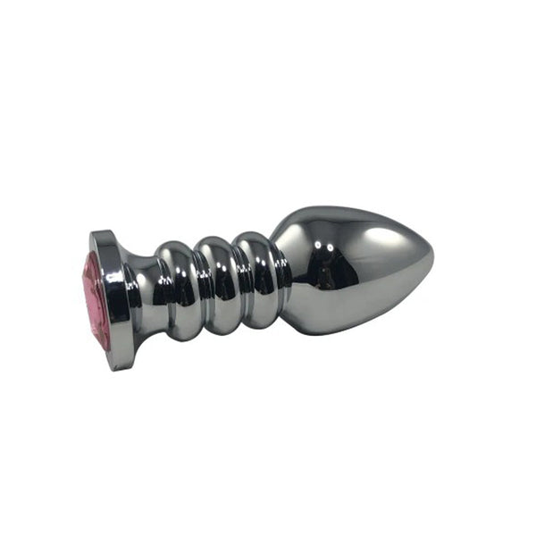 Pink Elephant Silver Bullet Large butt plug with ribbed shaft and pink crystal base