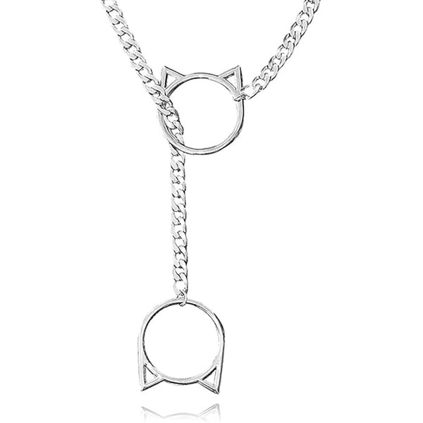 Pink Elephant silver O-ring choker chain with cat-ear pendants and lariat drop, Cuban link style