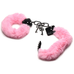 Pink faux fur handcuffs laid flat with two keys and quick-release tag attached