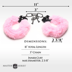 Pink furry handcuffs with dimensions: 11 inch length, 3 inch chain, 2 3/8 inch cuff