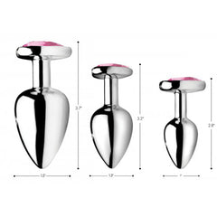 Pink Heart Gem Anal Plug Set shown in small, medium, and large with dimensions 2.8 to 3.7 inches