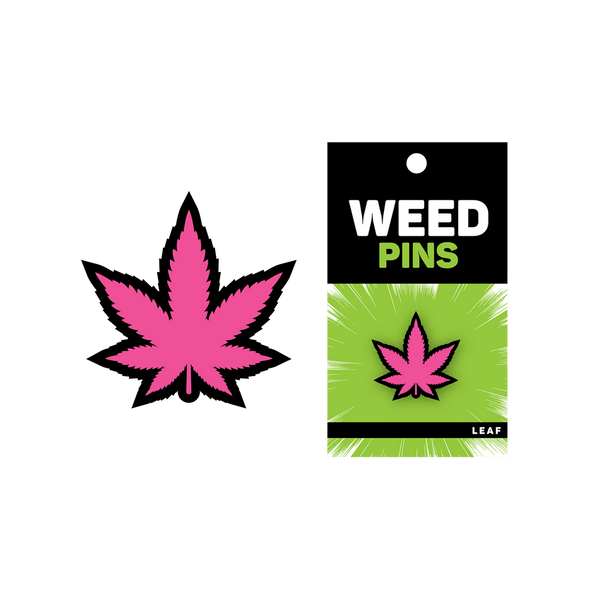 Pink Leaf weed pin beside its black and green retail card packaging, labeled Leaf