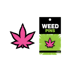 Pink Leaf weed pin beside its black and green retail card packaging, labeled Leaf