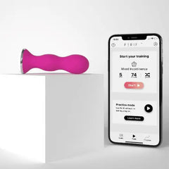 Pink Perifit Care device beside smartphone displaying the Perifit training app