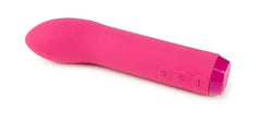 Pink rechargeable G-spot vibrator showing three control buttons on body, lying flat side view