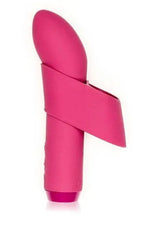 Pink silicone G-spot vibrator with wrap-around ergonomic finger strap detail, side angle view