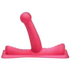 Pink silicone round dildo attachment with bulbed tip seated on ribbed saddle mounting base