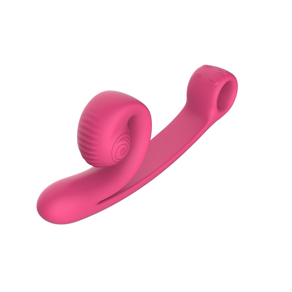 Pink silicone Snail Curve vibrator upright angle showing snail-shaped rotator and G-spot insert