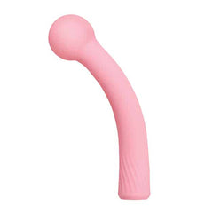 Pink silicone wand vibrator with flexible curved shaft and rounded tip, demonstrating bend flexibility