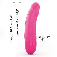 Pink vibrator with dimension labels: 16.2 cm total length, 3.7 cm diameter