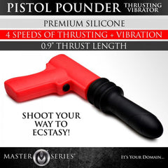 Pistol Pounder packaging flat lay showing red pistol-grip body with black silicone attachment, 4 speed settings
