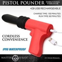 Pistol Pounder USB charging cable connected to red handle, highlighting IPX6 waterproof cordless design