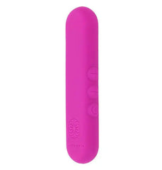 Close-up of Pivot Flat Bullet controls featuring three embedded buttons on pink silicone surface