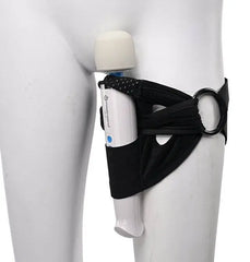 Pivot thigh strap on mannequin holding a wand vibrator securely in padded front pocket