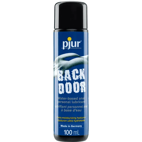 Pjur Back Door water-based anal lubricant in a 100ml blue pump bottle