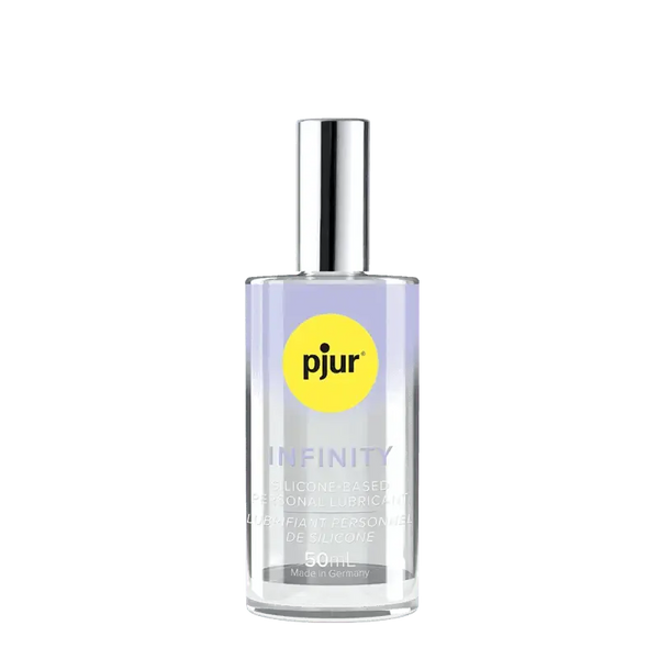 Pjur Infinity silicone-based personal lubricant in a clear glass bottle with silver pump top