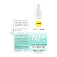 Pjur Toy Clean spray back label showing bilingual usage and precaution instructions