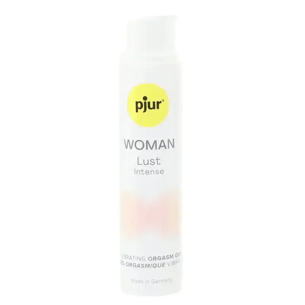 Pjur Woman Lust Intense vibrating orgasm gel in white pump bottle, made in Germany