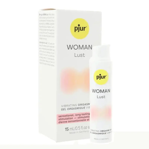 Pjur Woman Lust Orgasm Gel beside its white retail box showing 15 mL size