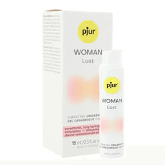 Pjur Woman Lust Orgasm Gel beside its white retail box showing 15 mL size