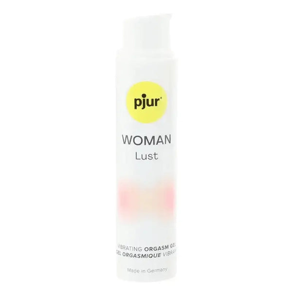 Pjur Woman Lust Vibrating Orgasm Gel in a slim white pump bottle, made in Germany