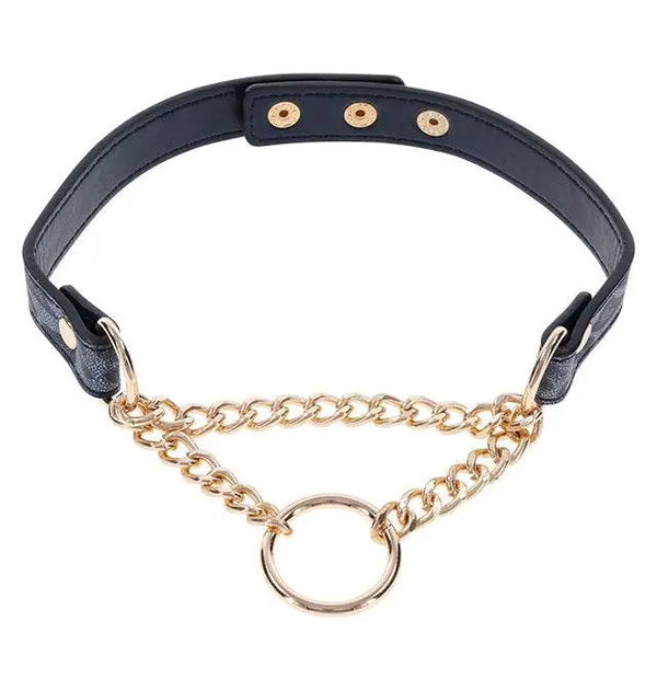 Plain black vegan leather day collar with adjustable snap closure and gold chain