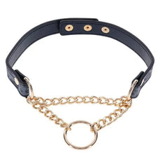 Plain black vegan leather day collar with adjustable snap closure and gold chain