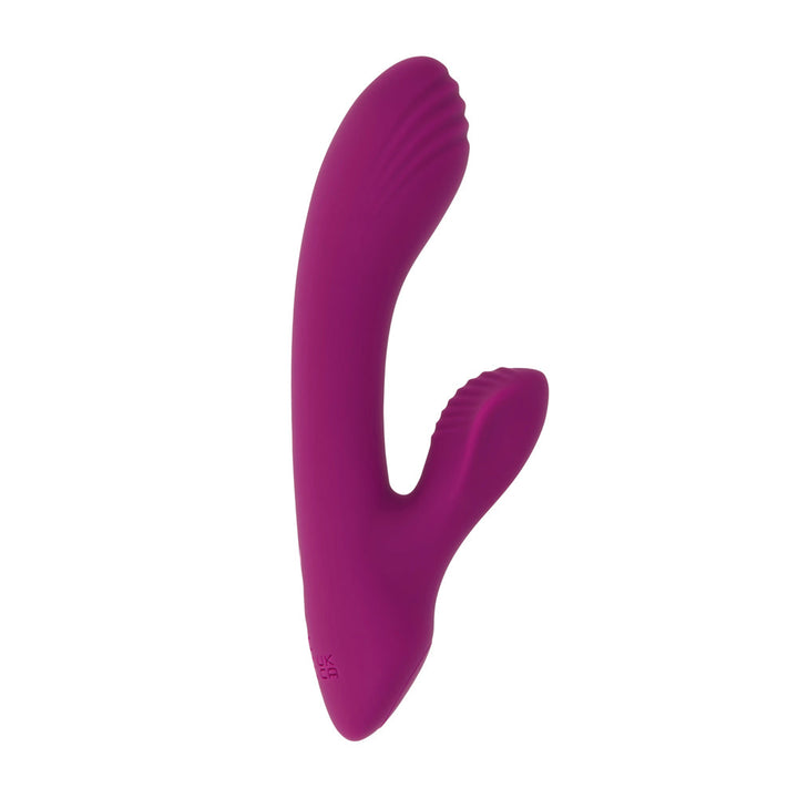 Playboy Bitty Bunny rabbit vibrator in deep berry silicone, dual-arm front view